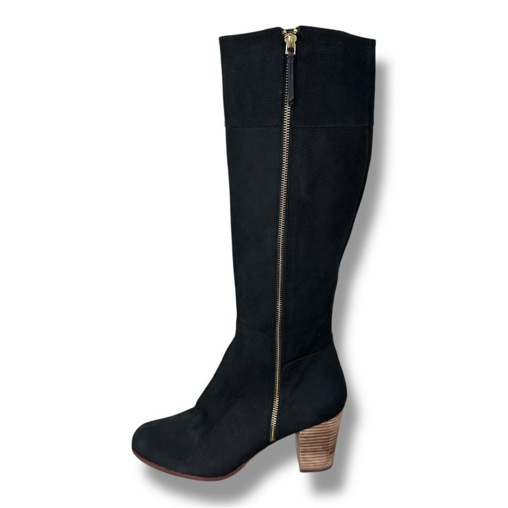 Cole Haan Davenport Tall Black Pebbled Nubuck Leather Stacked Block‎ Heel Boots
